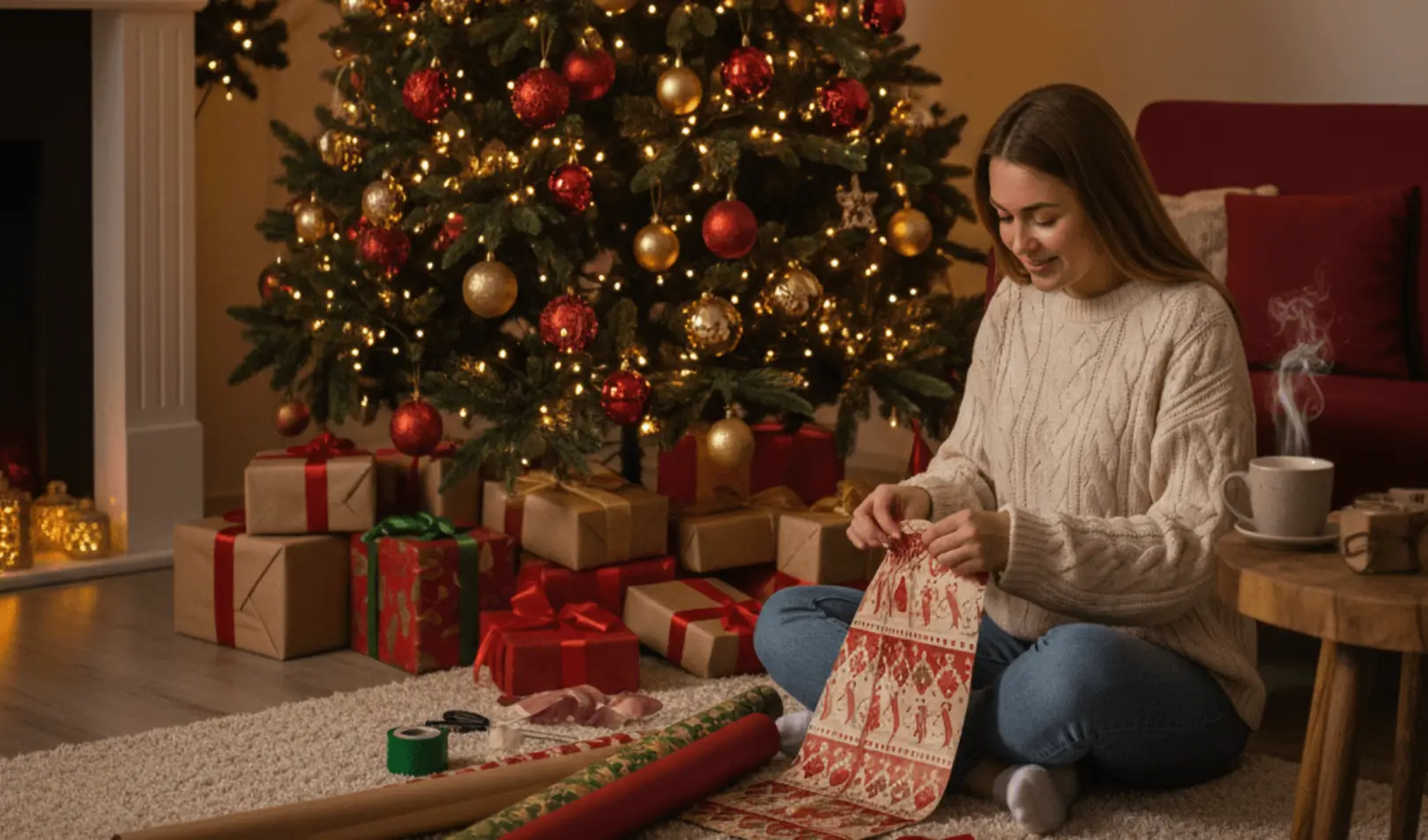 A girl wrapping holiday gifts under the Christmas tree