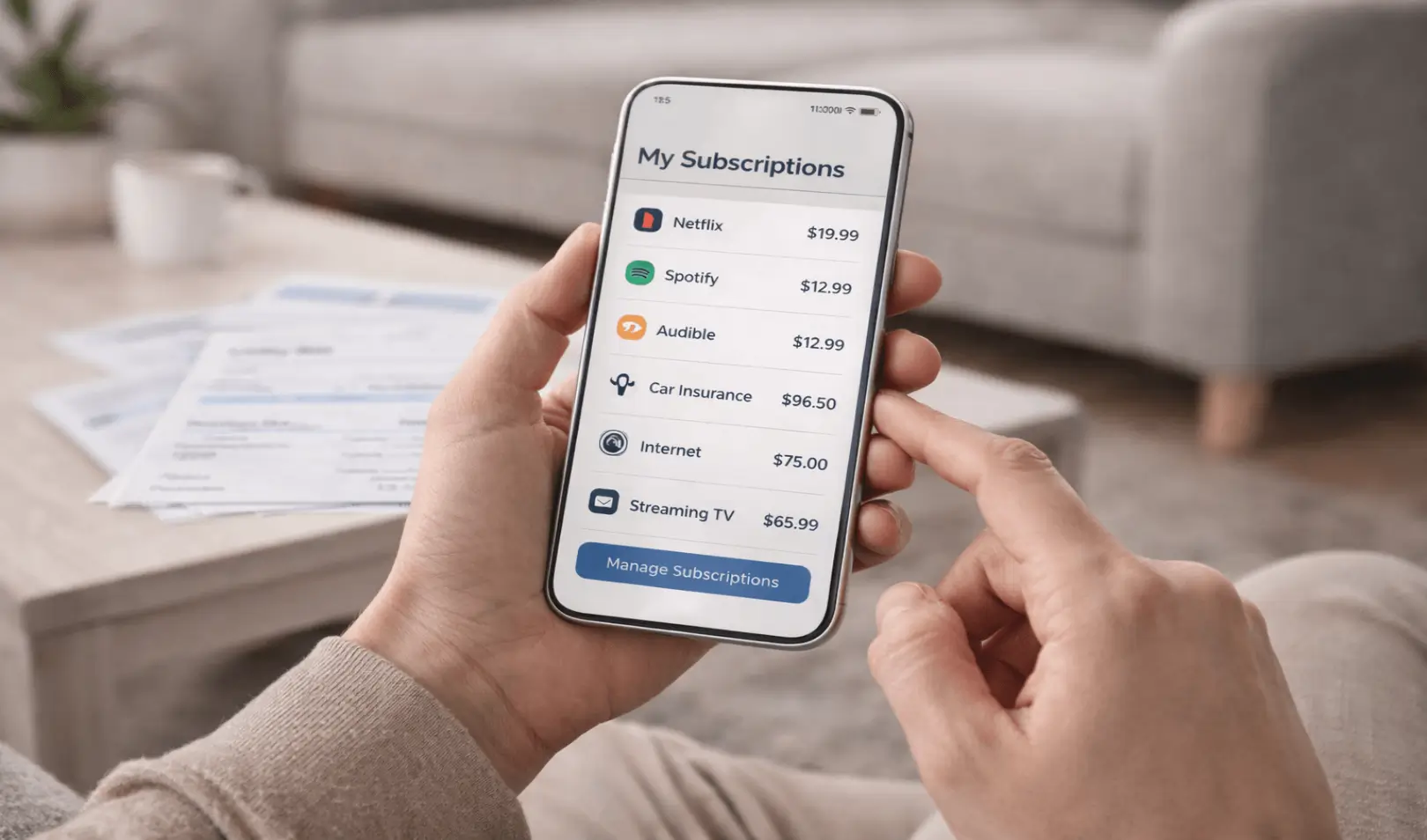 Smartphone held in hands showing monthly subscriptions and expenses, personal finance management and recurring cost control