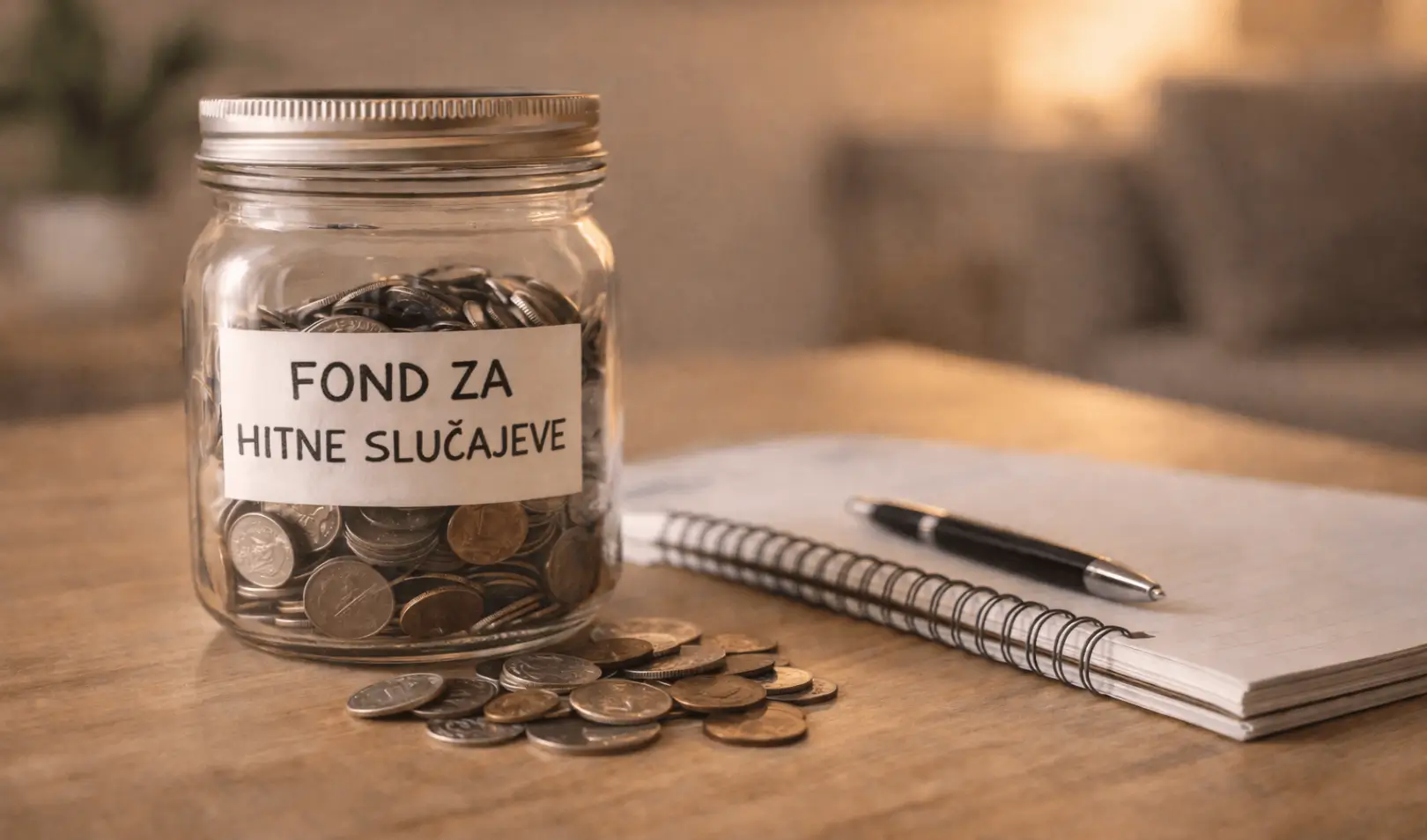 Glass jar filled with coins labeled as emergency fund on a table next to a notebook and pen, concept of financial security and saving