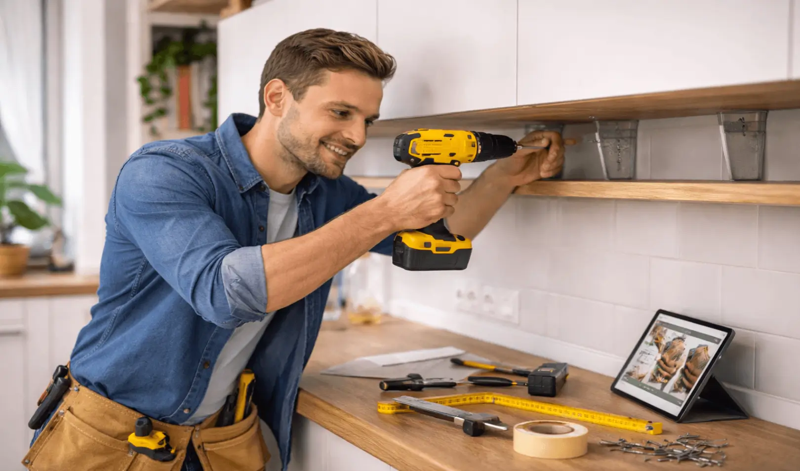 A man in the kitchen using a cordless drill to mount a wooden shelf while following instructions on a tablet.