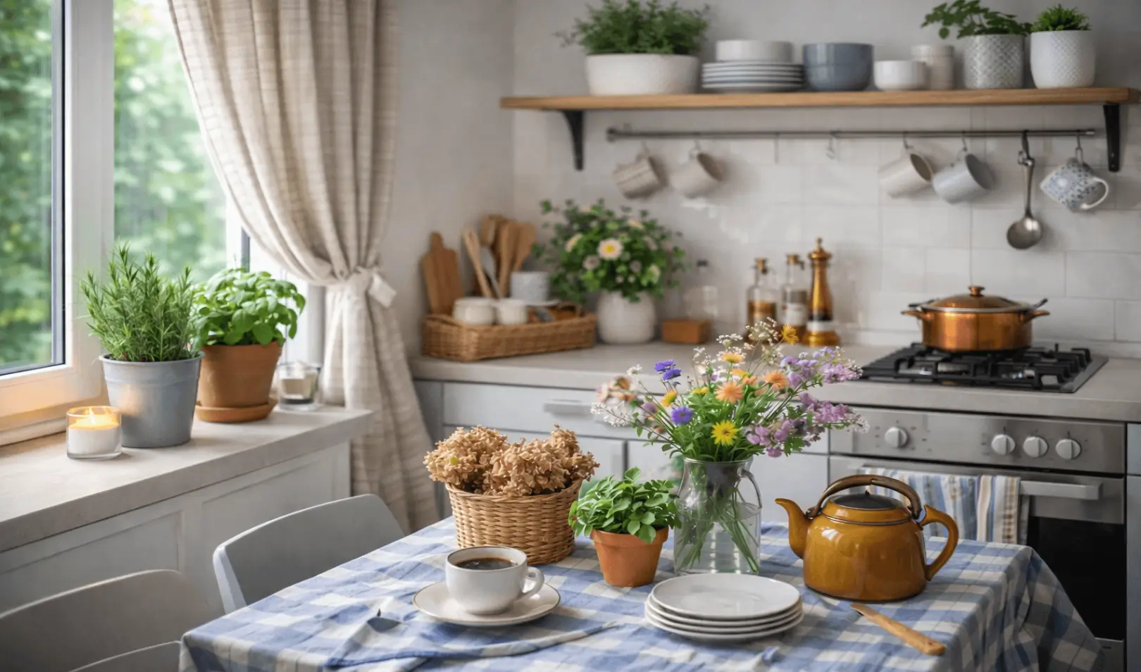 A bright and modern kitchen interior with white units, a wooden shelf, and a table with flowers and coffee.