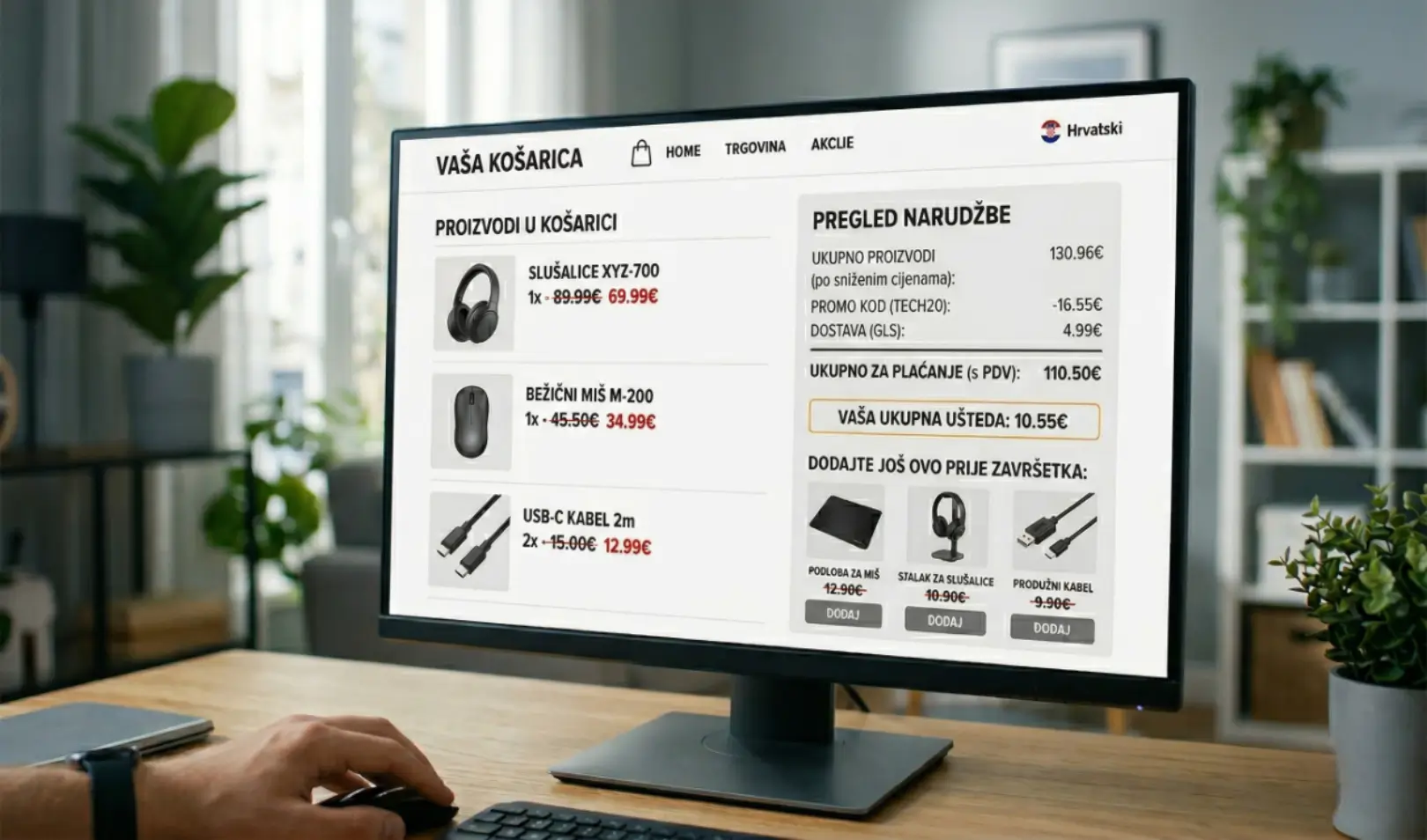 Prikaz online košarice s više proizvoda i ukupnim iznosom narudžbe na zaslonu računala.