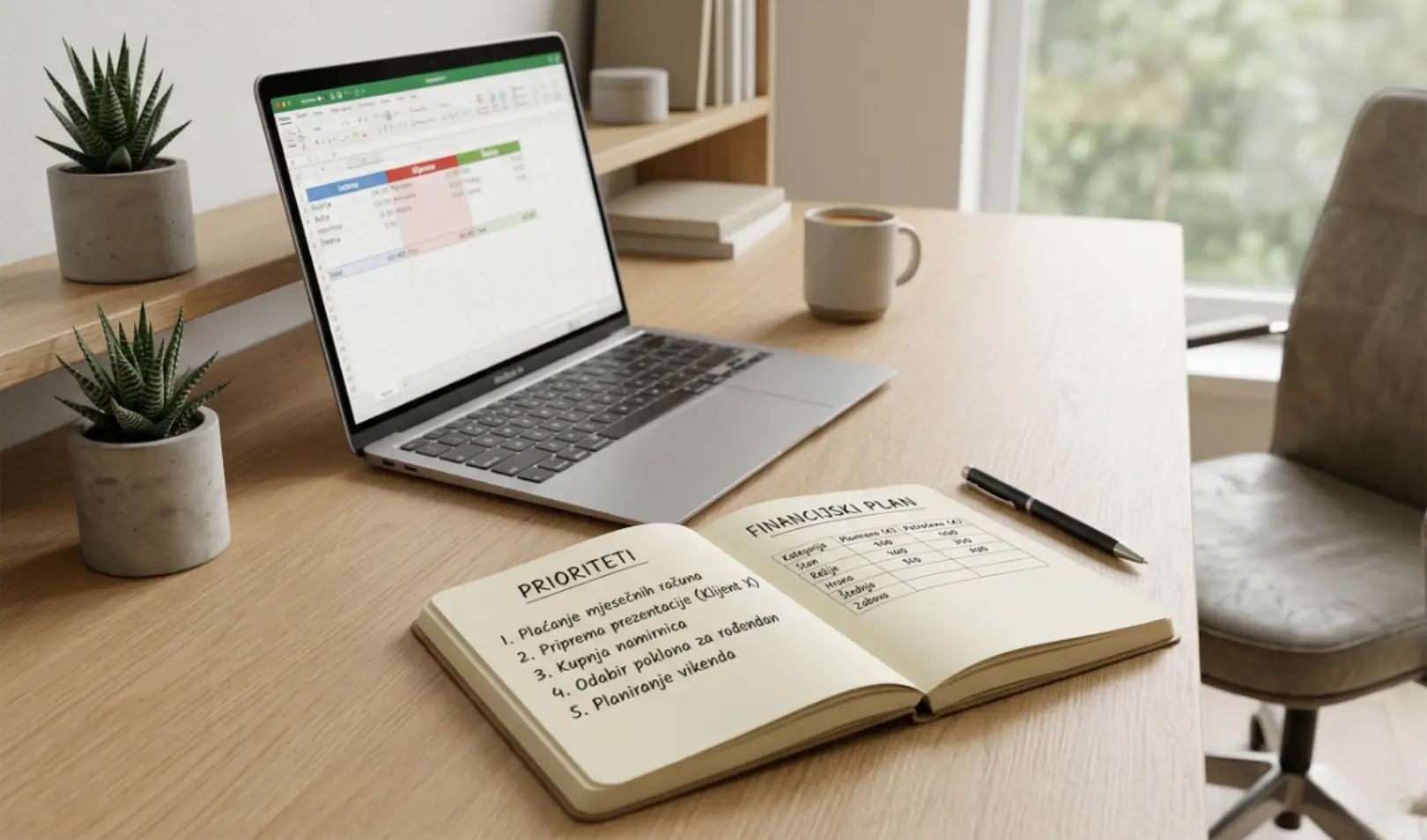 Laptop with an expense spreadsheet and a notebook with a financial plan and priorities on a desk.
