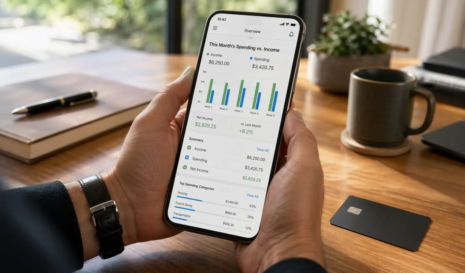 Overview of personal finances and monthly spending in a mobile app