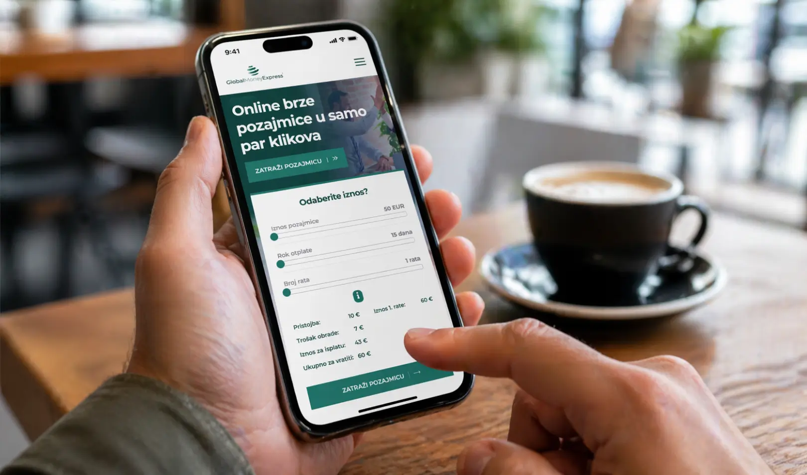 A person uses a mobile phone to apply online for a quick loan through the Global Money Express website