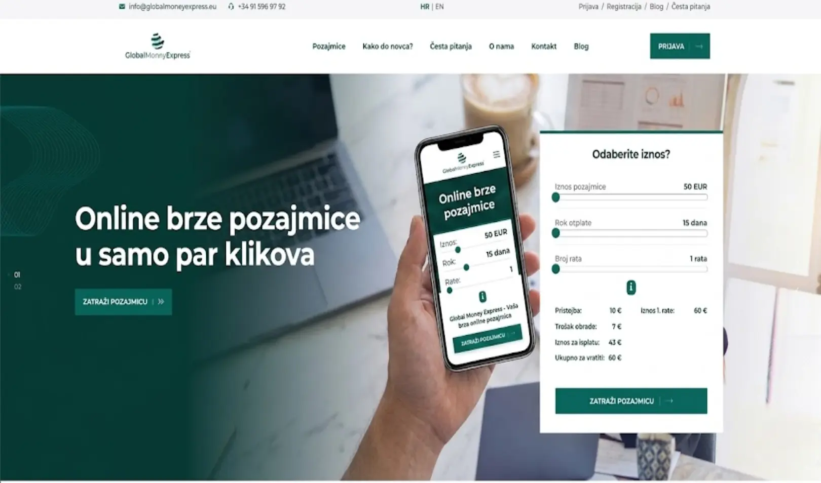 The main interface of the Global Money Express website for quick online loans, featuring an amount and repayment term calculator.