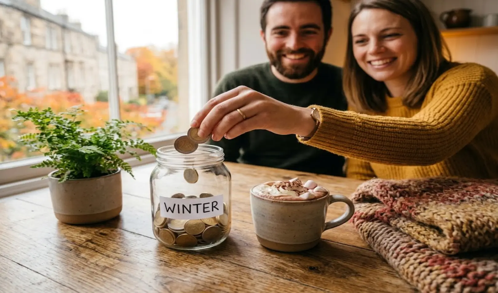 Jar labelled Winter filled with euro coins next to a hot chocolate and a knitted blanket