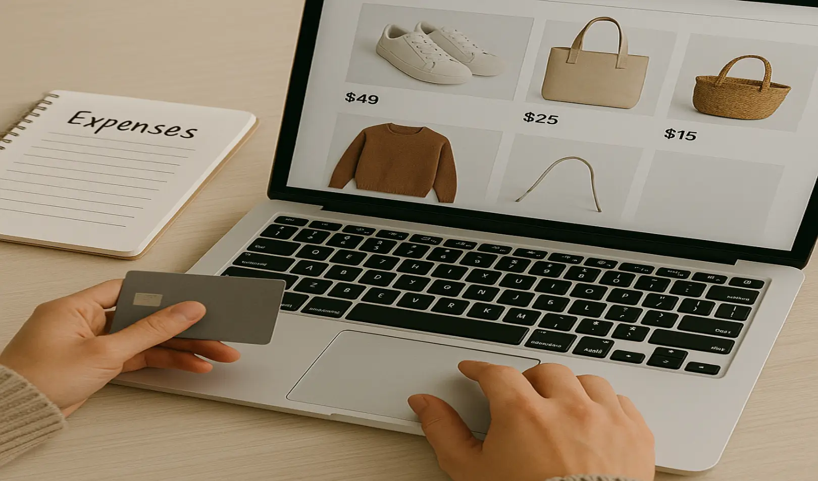 Osoba kupuje online putem laptopa. U ruci drži karticu, pokraj laptopa se nalazi bilježnica s troškovima