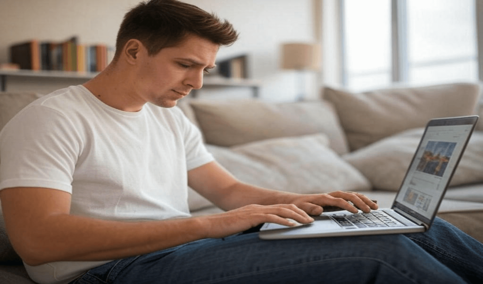 A man using a laptop to research travel options