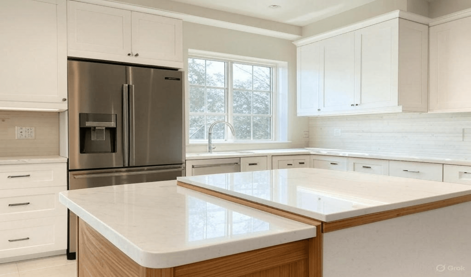 Modern white kitchen with a large stainless steel refrigerator, marble countertops, and a central island under natural light from a window