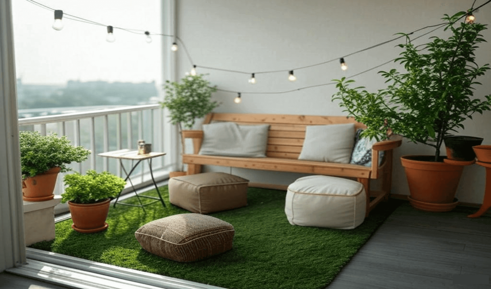 Balcony with green artificial grass, potted plants, a wooden bench with cushions, poufs, and string lights creating a cozy outdoor seating area
