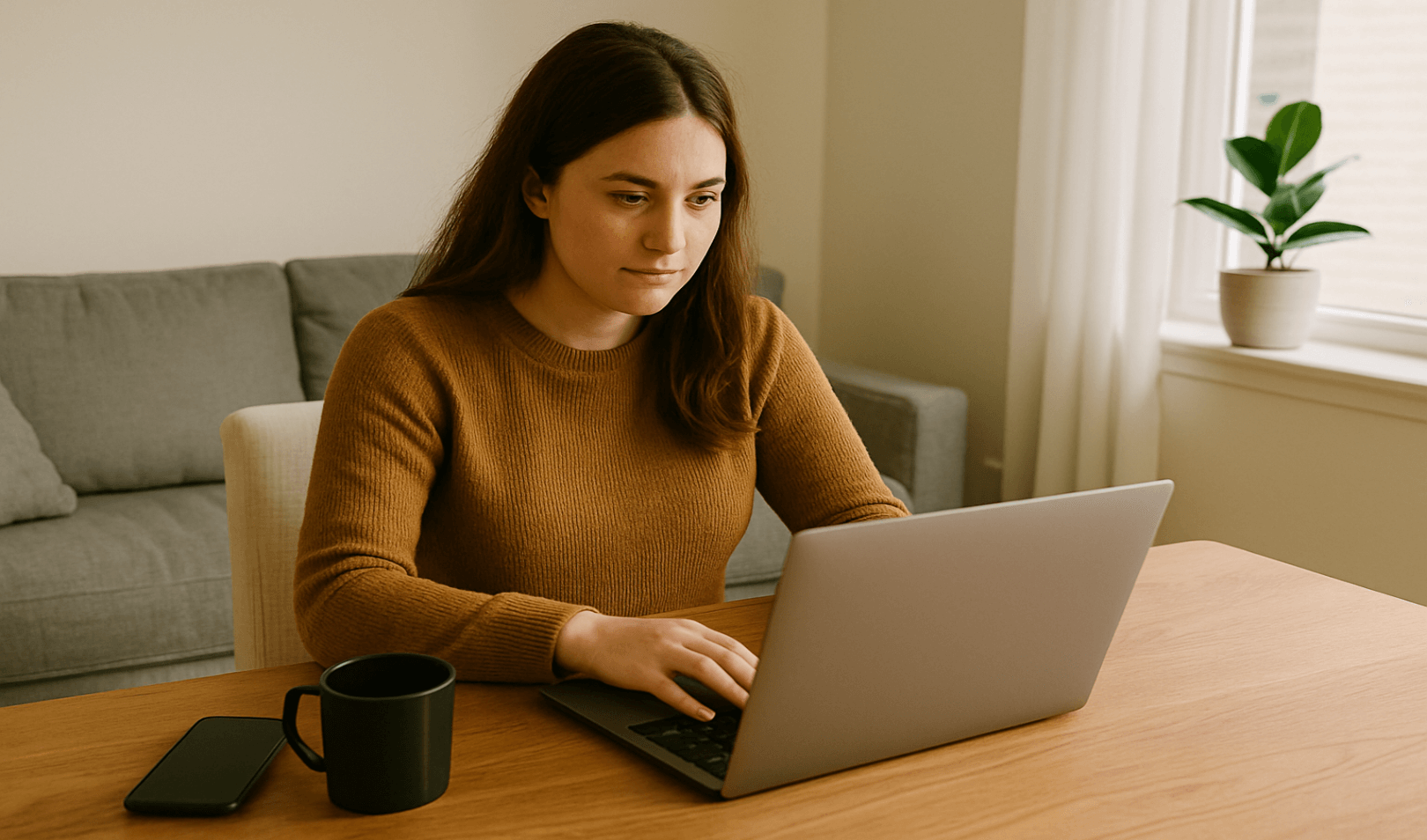 Woman working on a laptop at home with a coffee mug and smartphone on the table