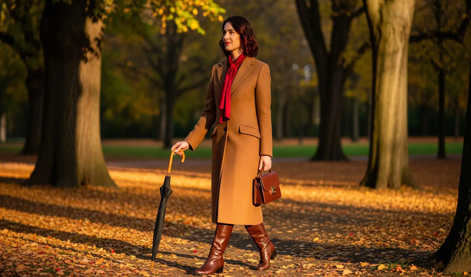Elegant woman in an autumn coat walking through a park covered with leaves, holding an umbrella and a handbag