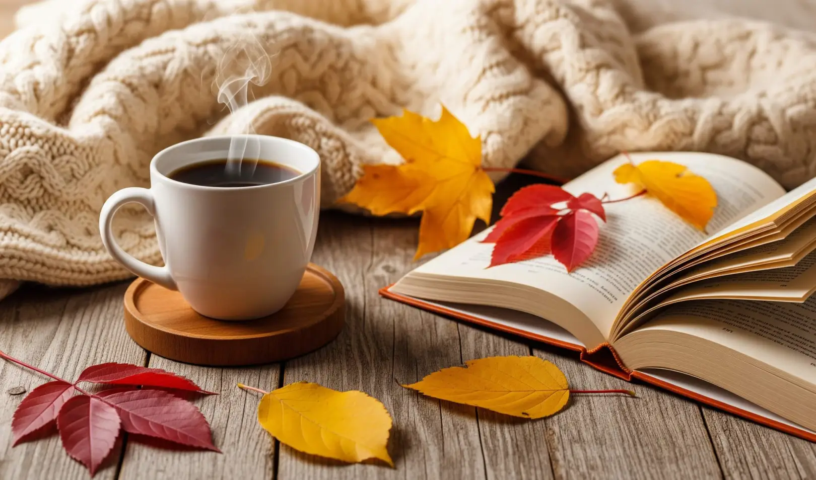A warm cup of coffee with a book and autumn leaves on a wooden table