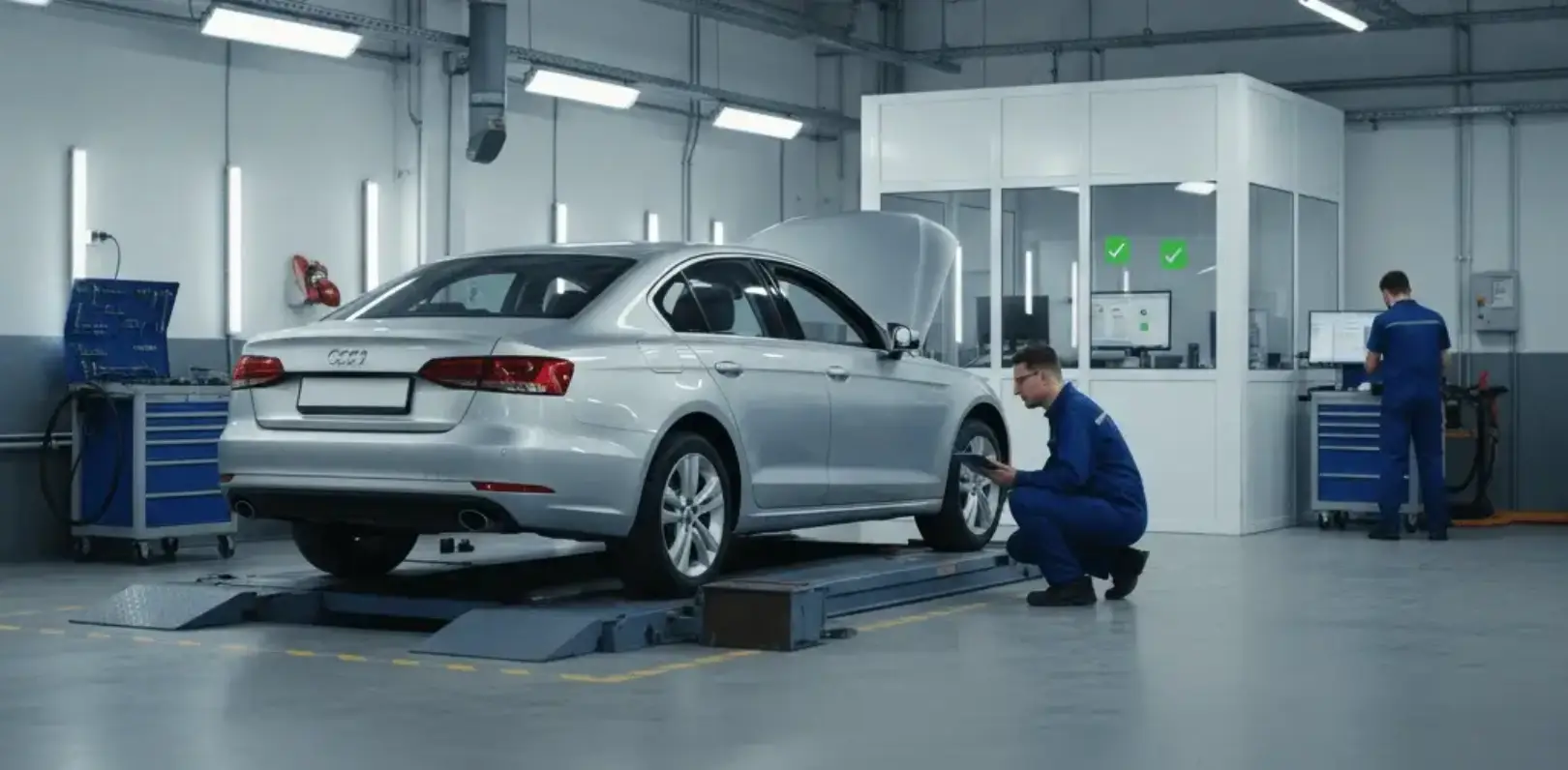Vehicle undergoing a technical inspection
