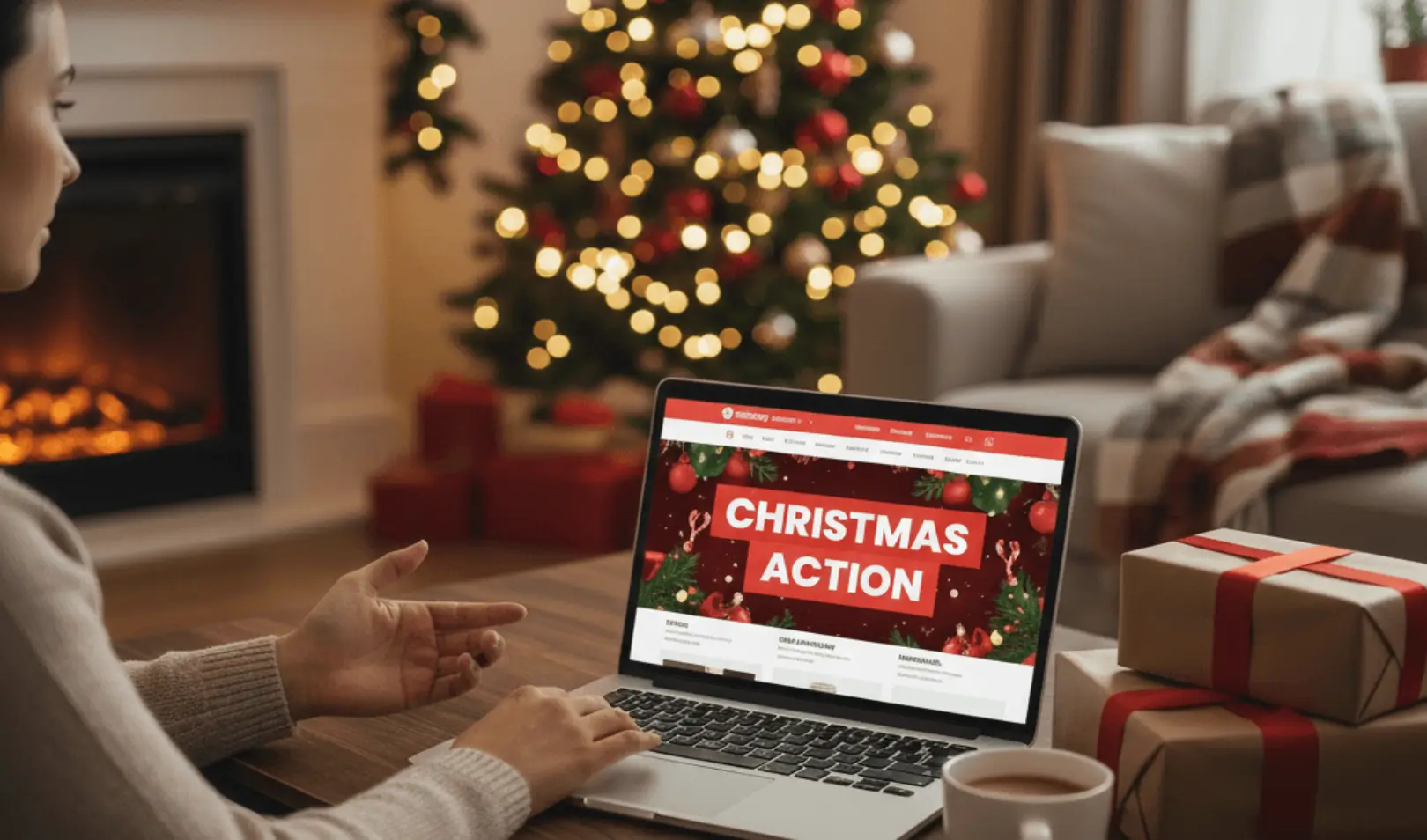 Djevojka kupuje božićne poklone online na laptopu