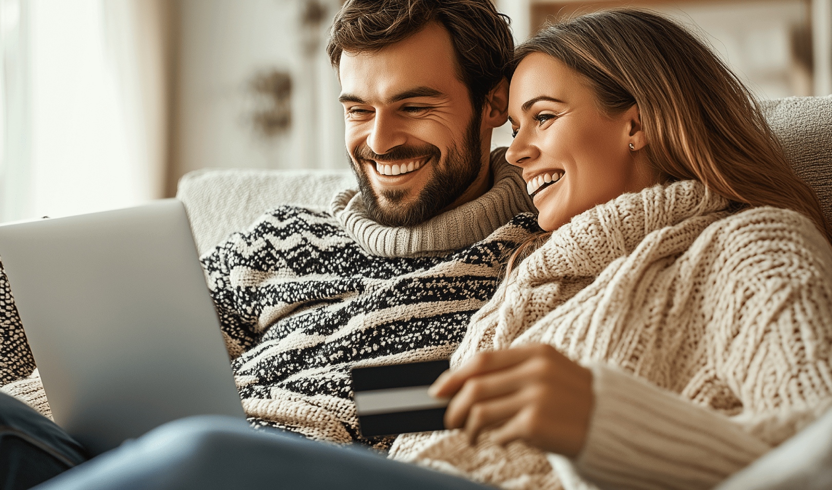 A happy couple sitting on a couch in cozy sweaters, smiling while shopping online with a laptop  and holding a credit card