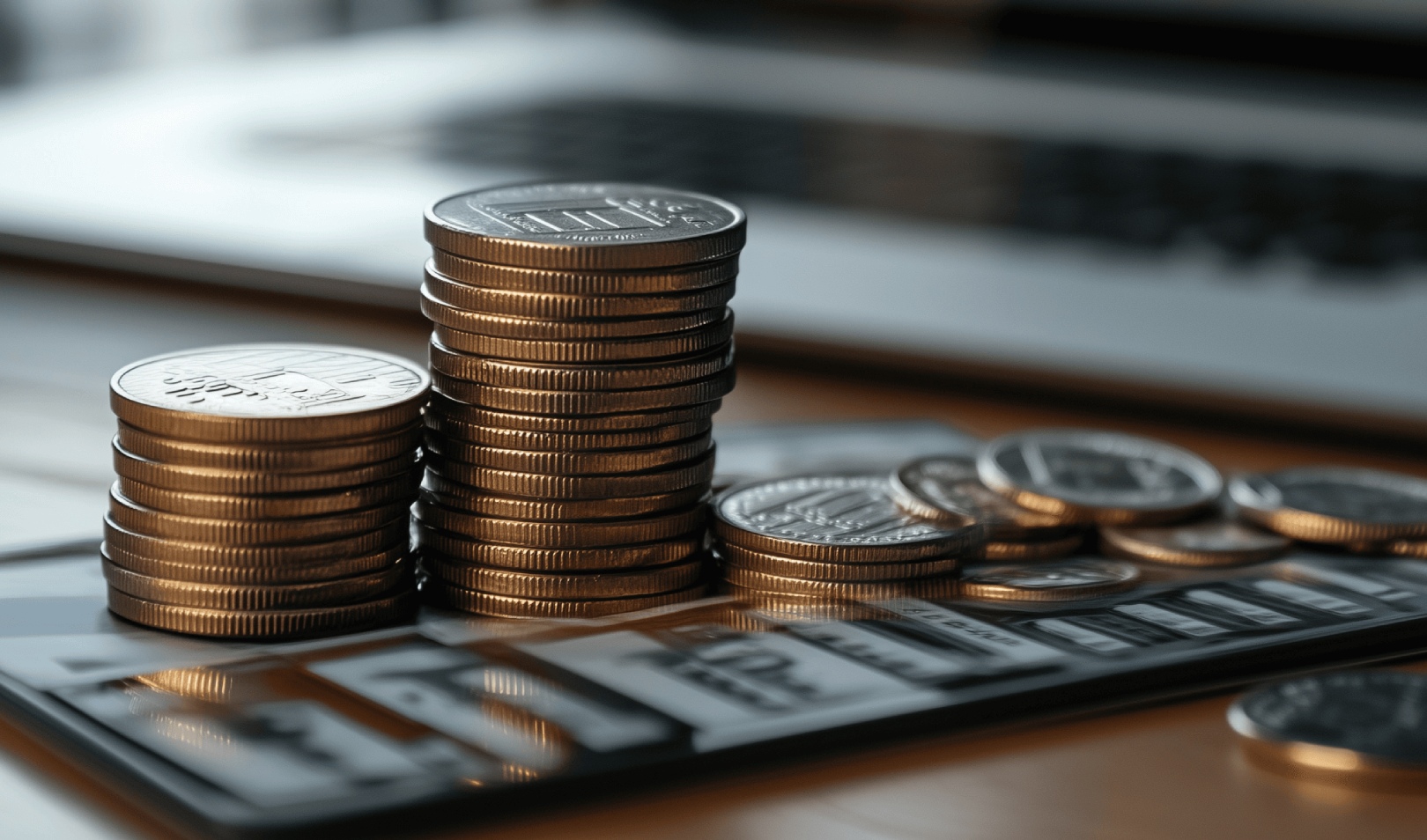 Stacks of coins placed on a smartphone screen with a blurred laptop in the background