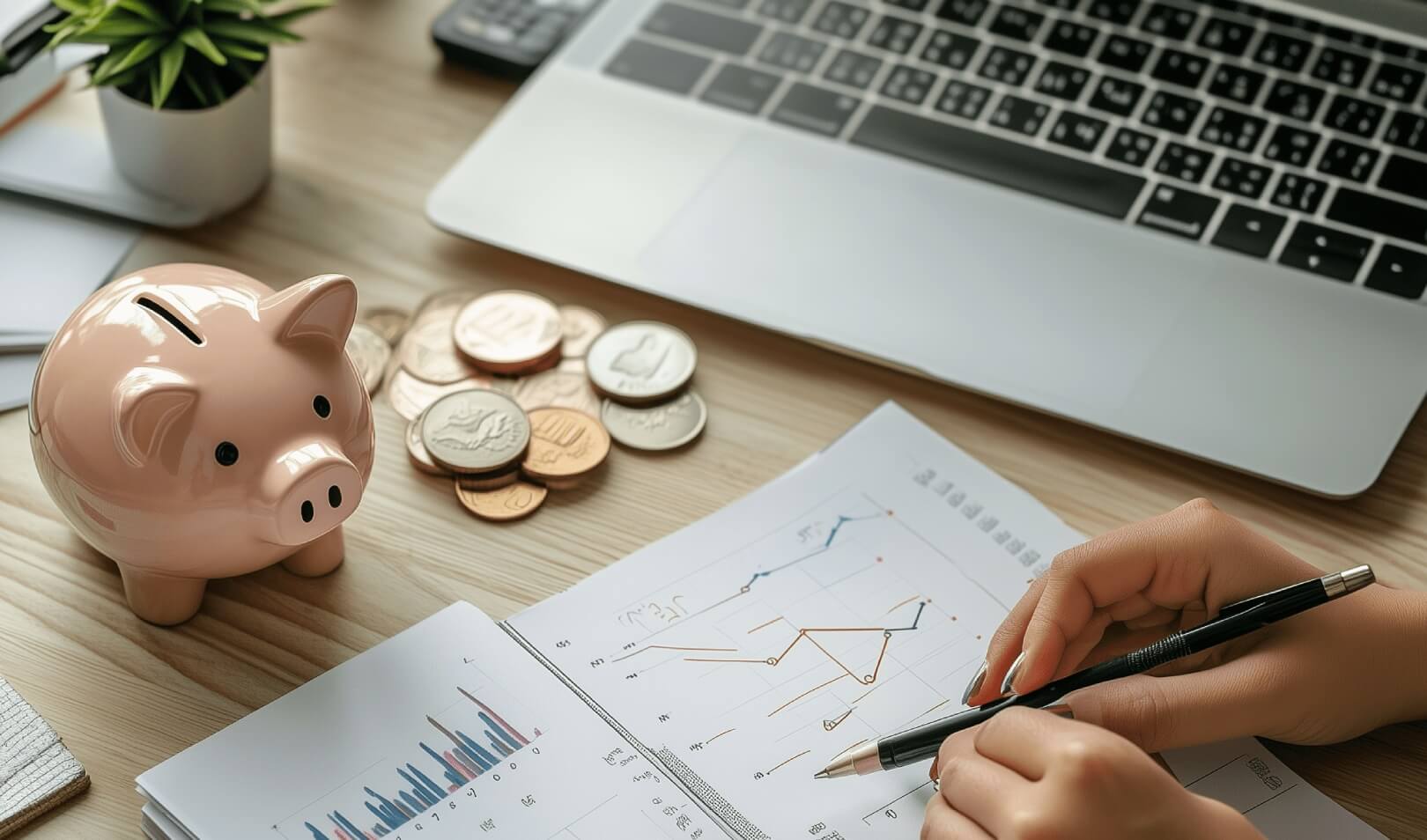 A person reviewing financial charts at a desk with a piggy bank, coins, and a laptop