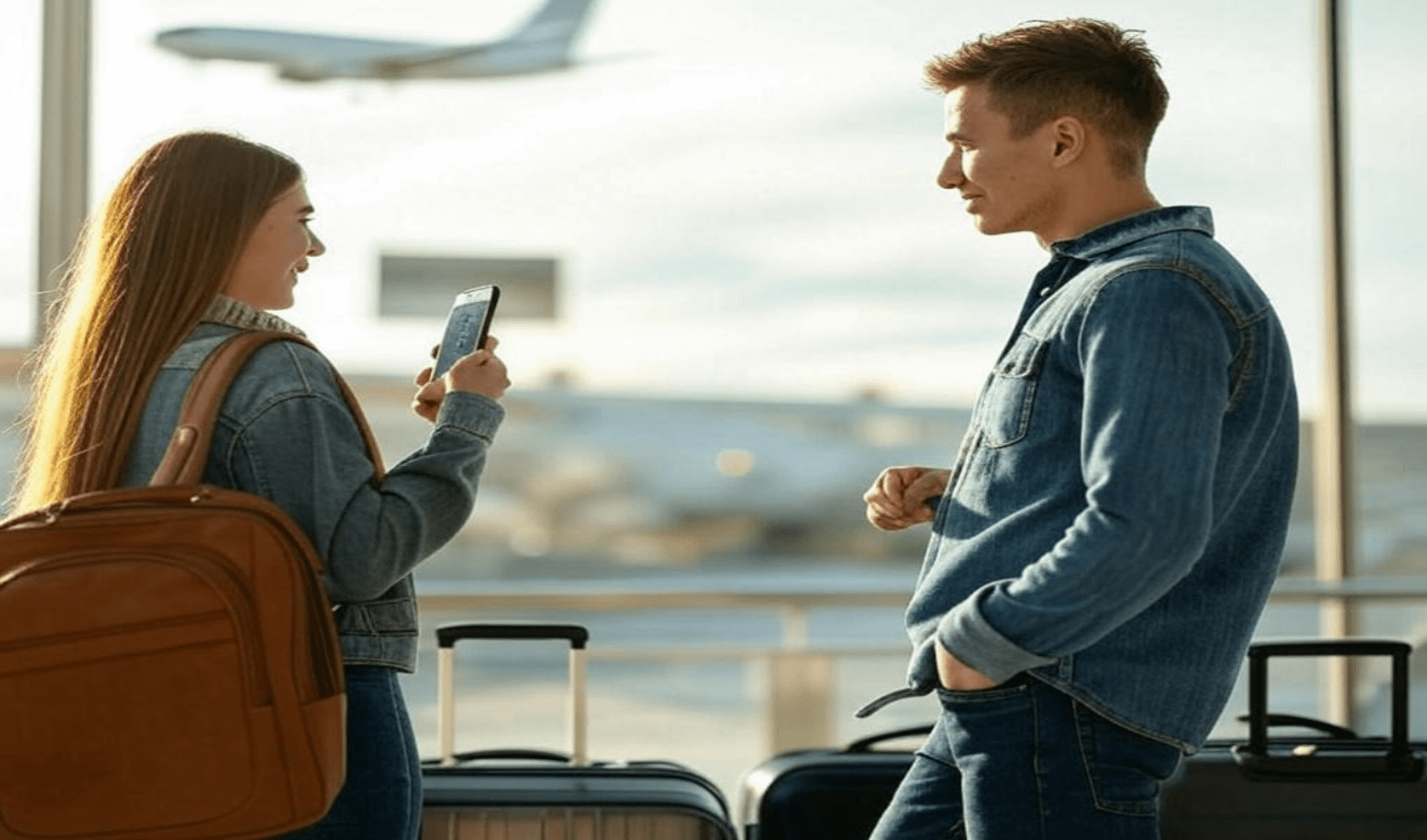 A young man and woman standing at an airport with luggage, smiling and talking, with an airplane taking off in the background