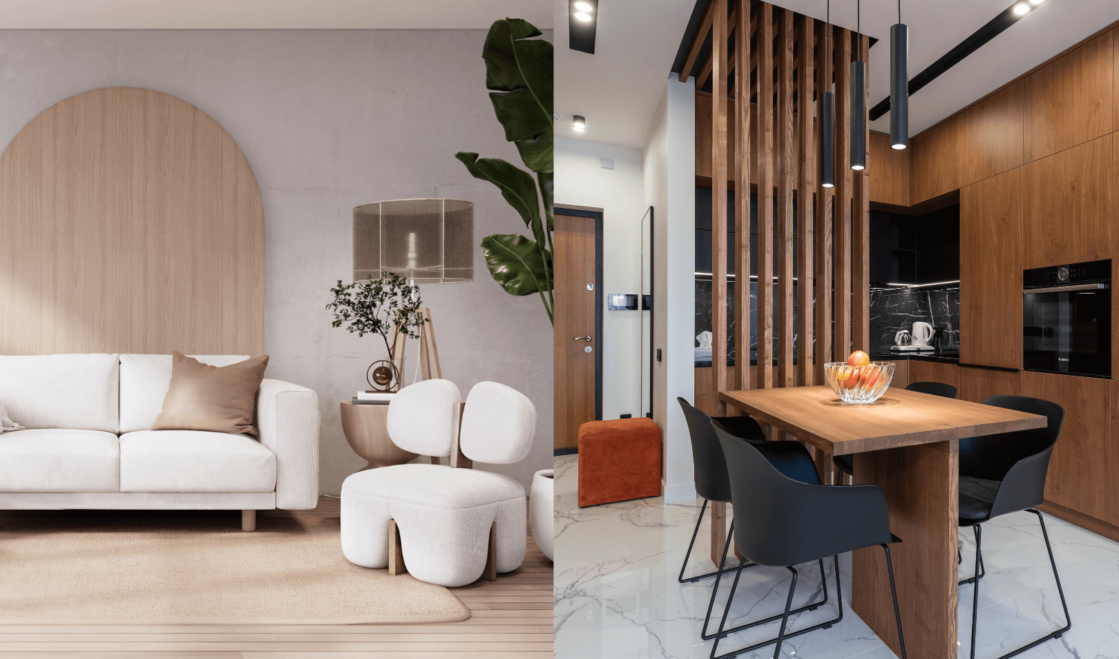 Modern interior with a minimalist living room featuring a white sofa and designer chair, and a contemporary kitchen with wooden cabinetry and a dining table
