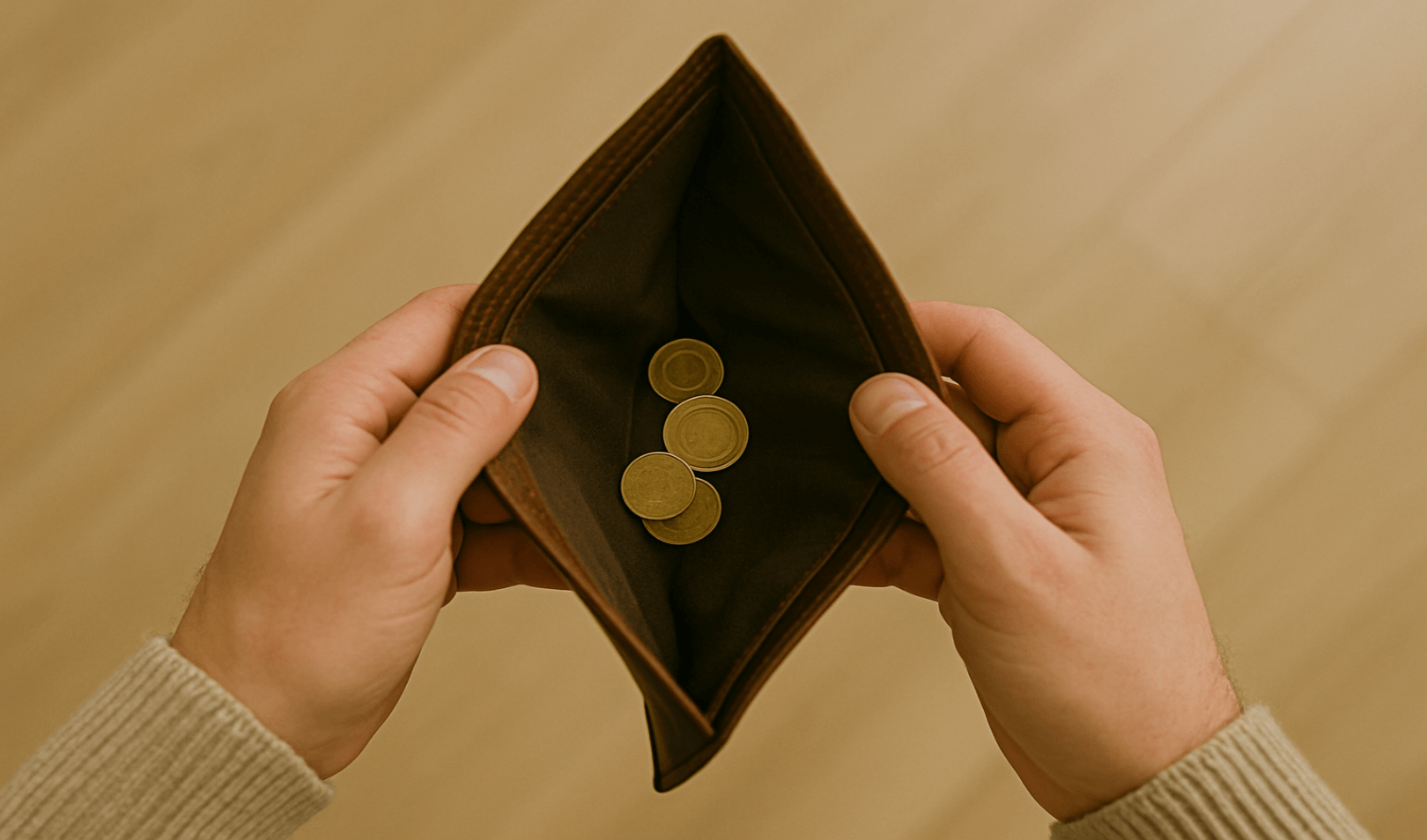 Person holding an open wallet with a few coins inside