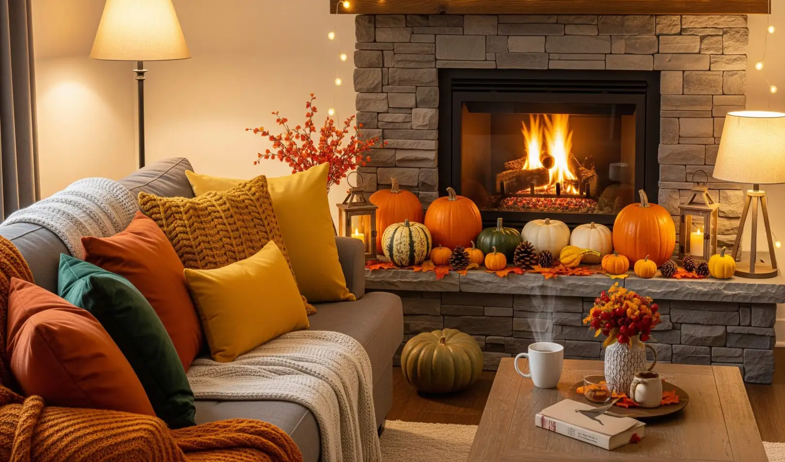 Cozy living room with a fireplace, pumpkins, and warm autumn decorations in orange and yellow tones