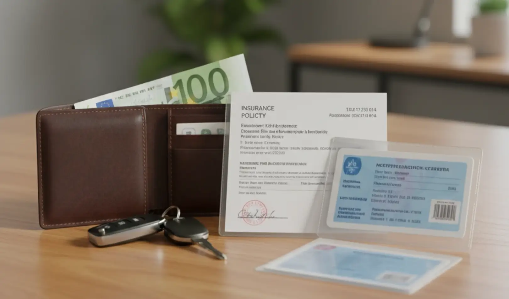 Car keys and a wallet on a table next to vehicle registration documents