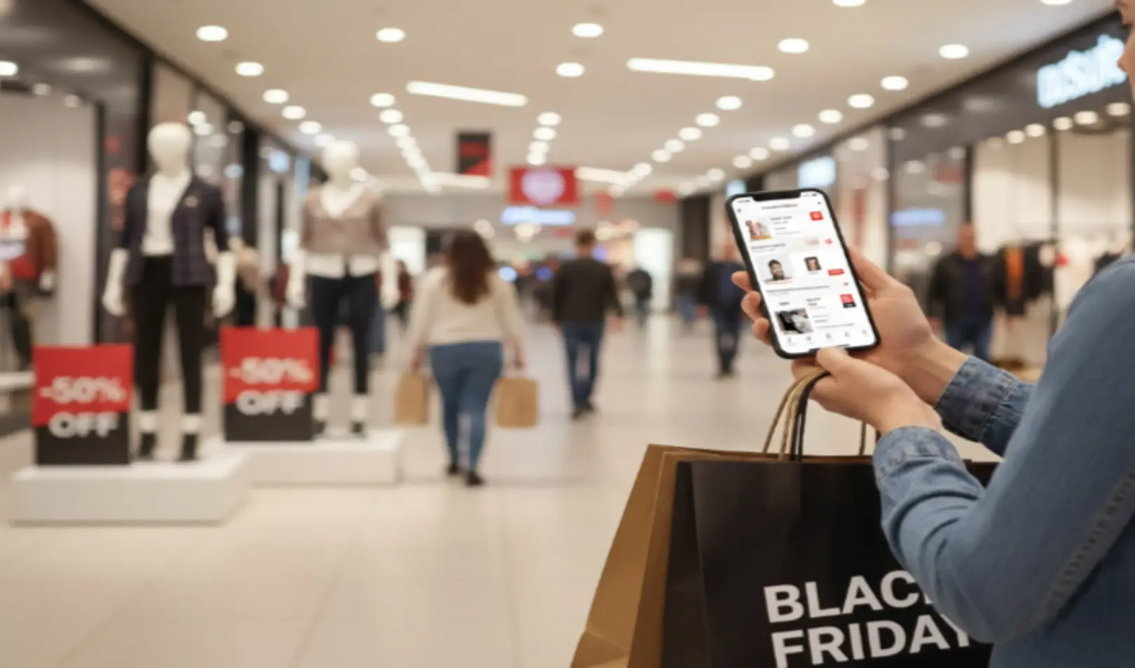 A girl with a phone and a bag labeled “Black Friday” shopping in a mall with visible discounts