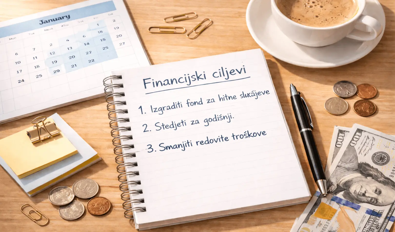 Bilježnica s popisom financijskih ciljeva, kalendar, kava i novac na stolu, planiranje budžeta i osobnih financija za novu godinu