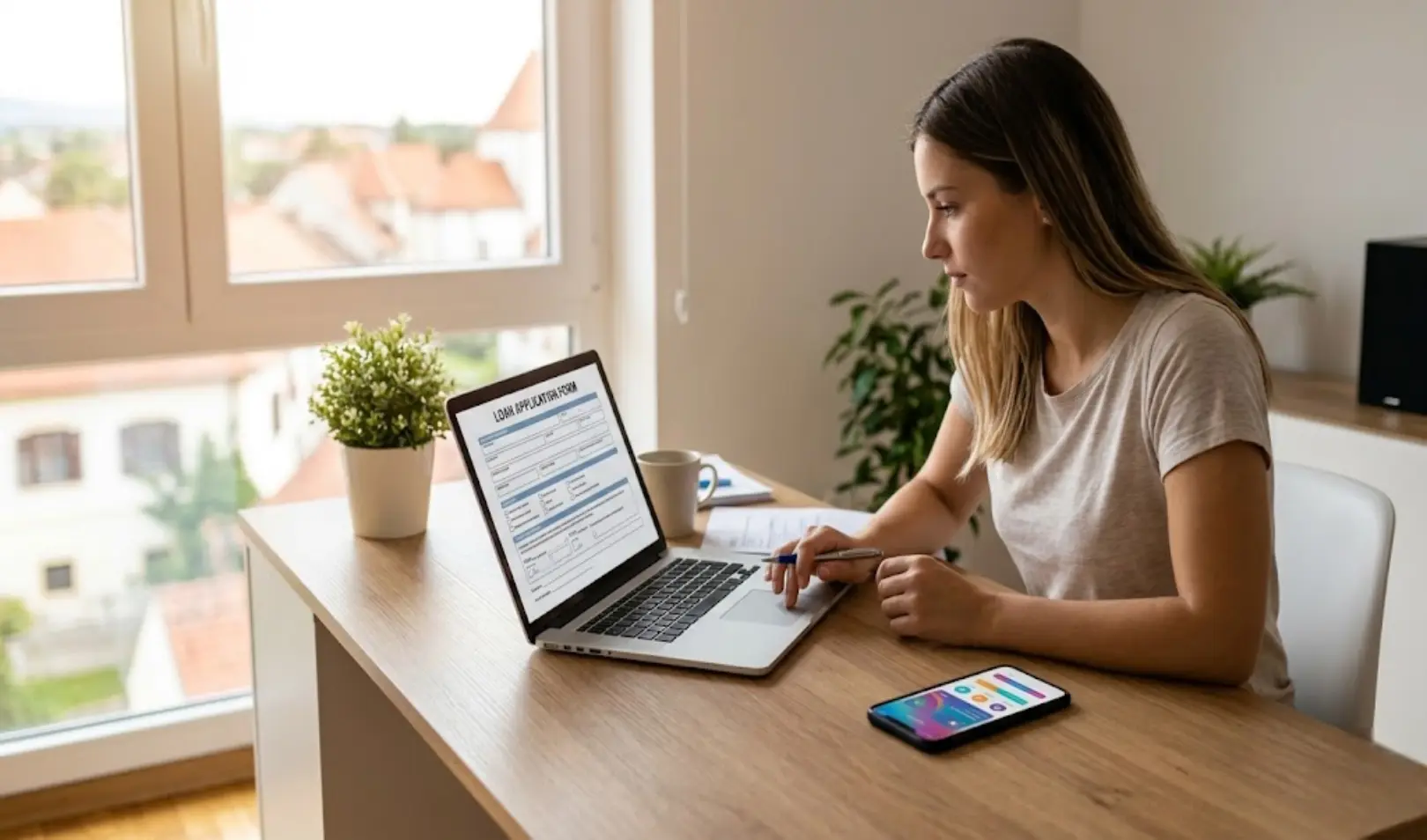 A young woman sits at a desk in front of a laptop with an open loan application form.